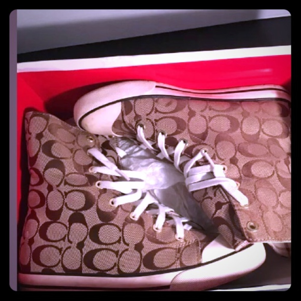 Tan and brown high tops coach sneakers